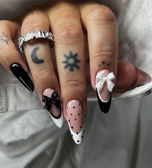 Nude Polka Dot Black Bow Almonds — Black Bow Nails 2027