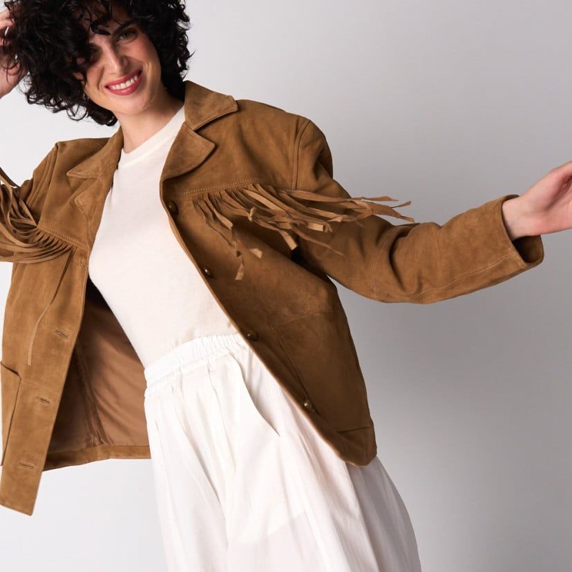 Timeless Appeal: Brown Suede Fringe Jacket with White Wide-Leg Pants Timeless Appeal: Brown Suede Fringe Jacket with White Wide-Leg Pants — Fringe Jacket Outfits 2027