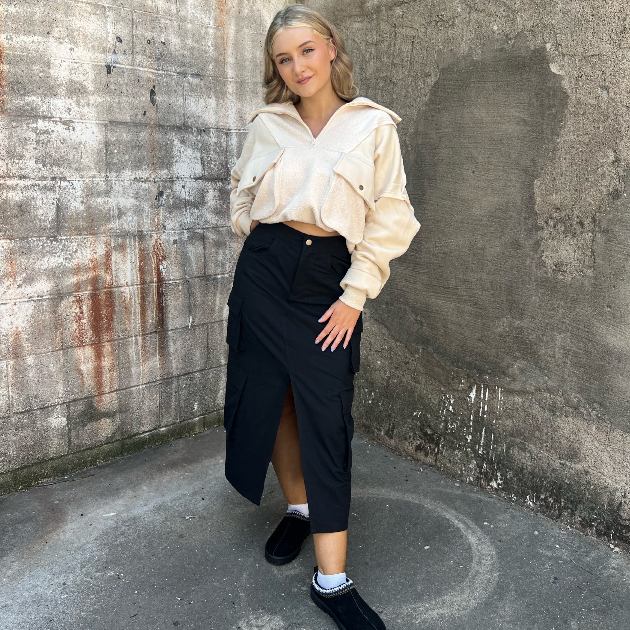 Cream Oversized Top with Black Cargo Midi Skirt — Cargo Skirts 2027