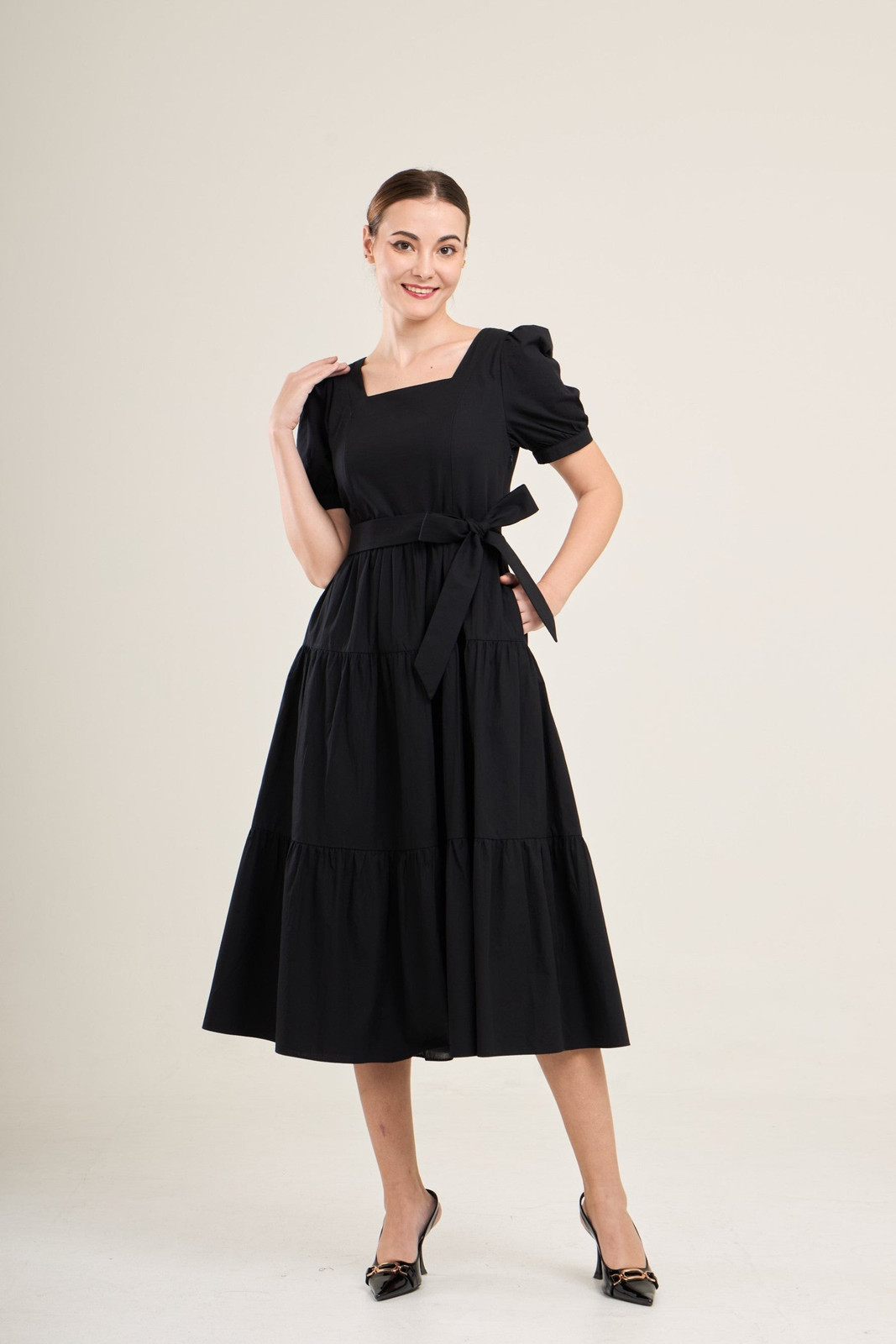 Black Midi Dress with Puff Sleeves and Bow Belt Black Midi Dress with Puff Sleeves and Bow Belt — Formal Dresses 2027 for Nursing Moms