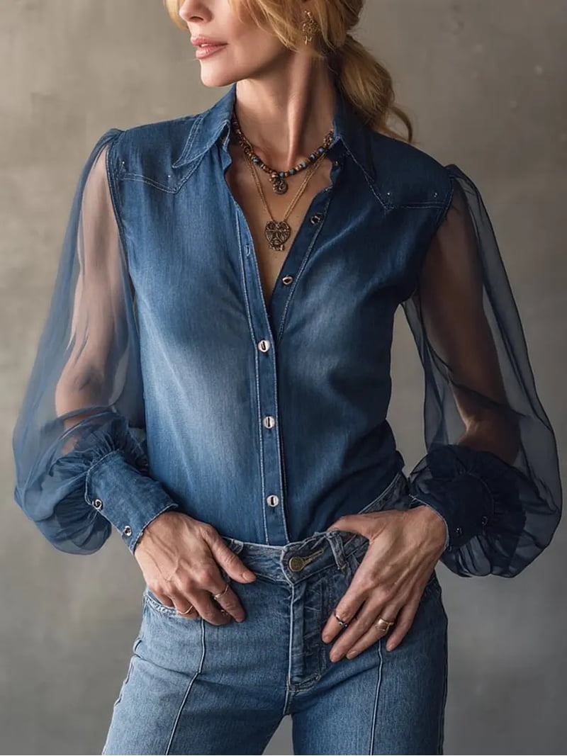 Modern Western Twist: Denim Shirt with Sheer Puff Sleeves Modern Western Twist: Denim Shirt with Sheer Puff Sleeves — Western Outfits 2027