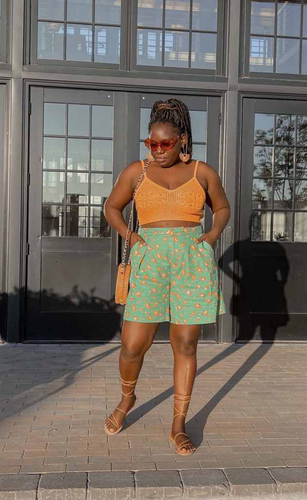 Vibrant Orange Crochet Top with Printed Green Shorts Vibrant Orange Crochet Top with Printed Green Shorts — Casual Outfits 2027