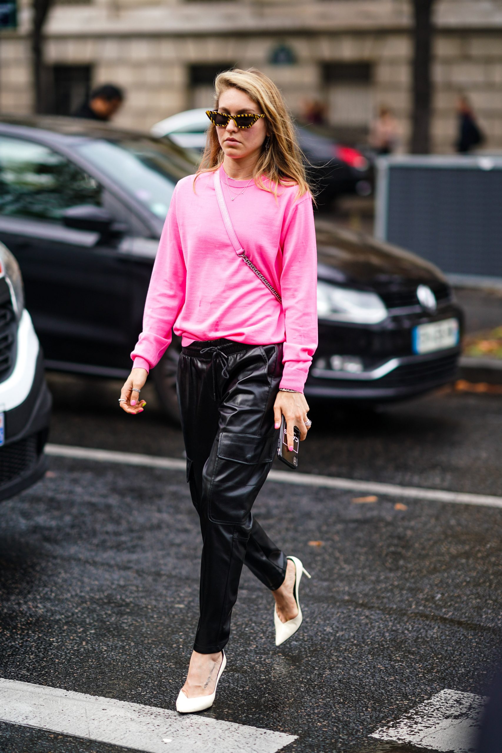 Color Pop: Black Leather Cargo Pants with Bright Pink Sweatshirt Color Pop: Black Leather Cargo Pants with Bright Pink Sweatshirt — Leather Pants Outfits 2027