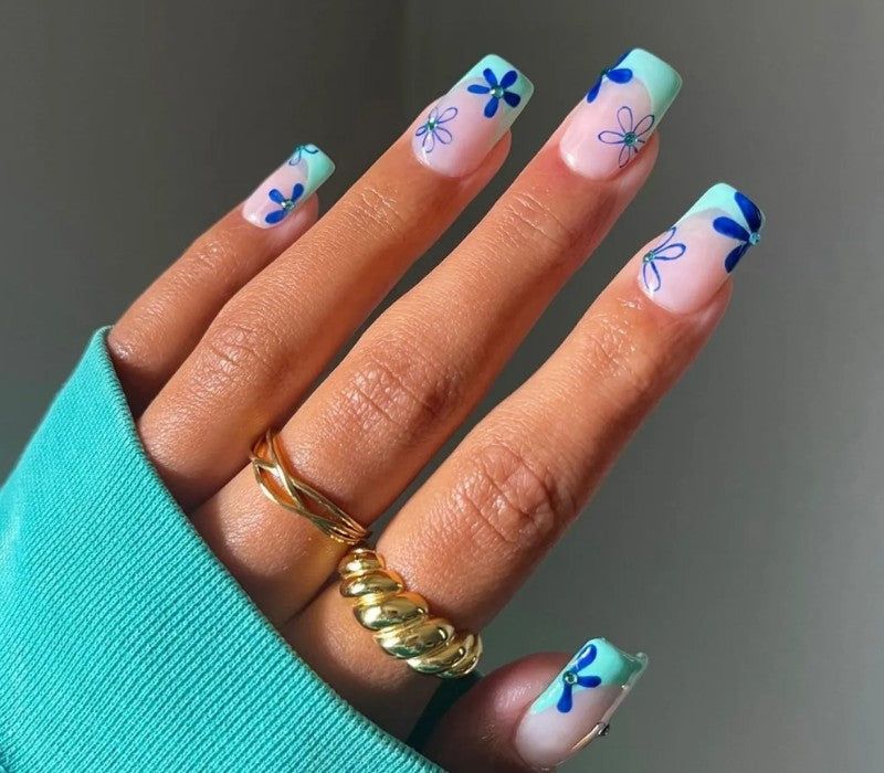 Blue French Tip Floral Accents Blue French Tip Floral Accents — Wildflower Nails 2027
