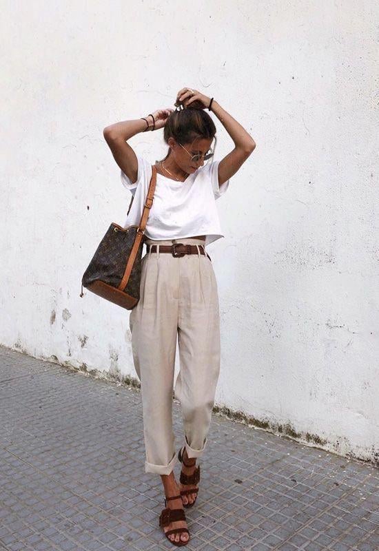 Beige Wide-Leg Trousers with a White Cropped Tee Beige Wide-Leg Trousers with a White Cropped Tee — Summer Everyday Outfits 2027