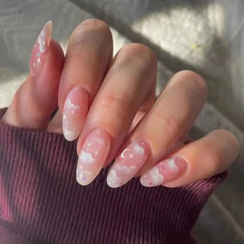 Medium Oval Sheer Pink Clouds Glitter Stars Moons Medium Oval Sheer Pink Clouds Glitter Stars Moons — Pink Cloud Nails 2027