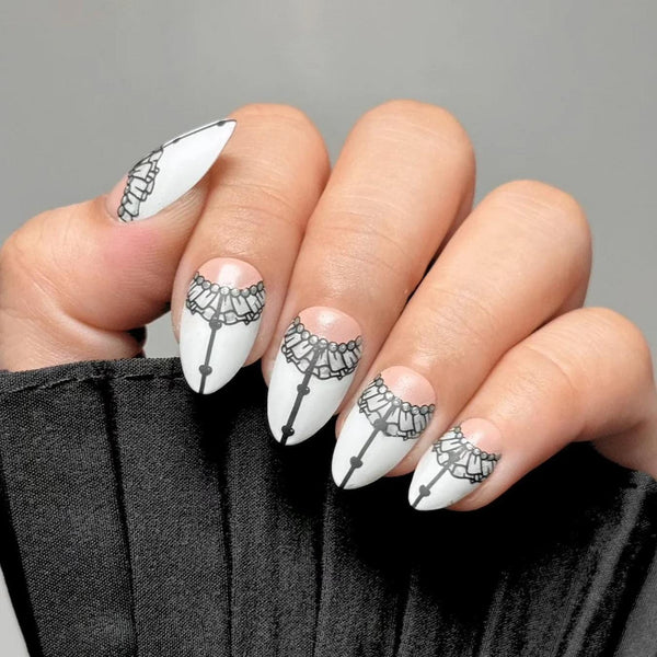 White Lace-Like Designs on Almonds White Lace-Like Designs on Almonds — Professional Nails 2027