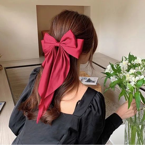 Dark Brown Waves With Red Bow — Big Bow Hairstyles 2027
