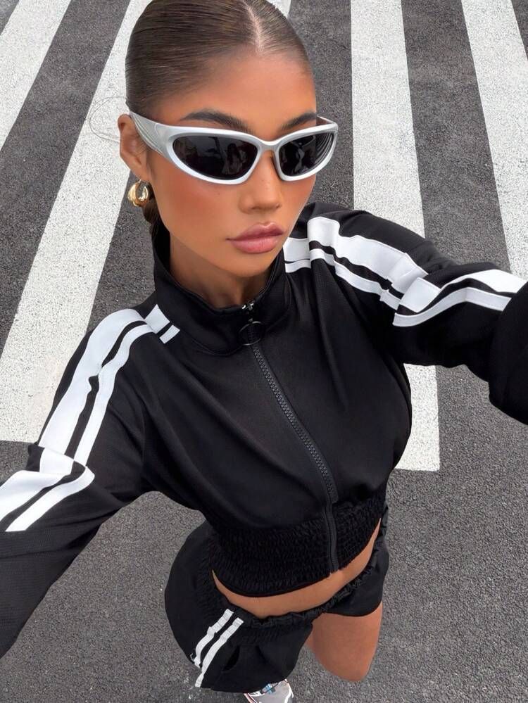 Black Cropped Track Jacket and Shorts with Futuristic Sunglasses — Streetwear Gym Outfits 2027