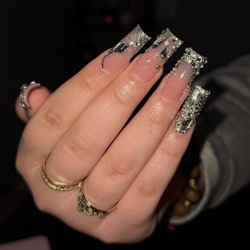 Long Square Rhinestone & Glitter Encrusted — Sparkly Prom Nails 2027