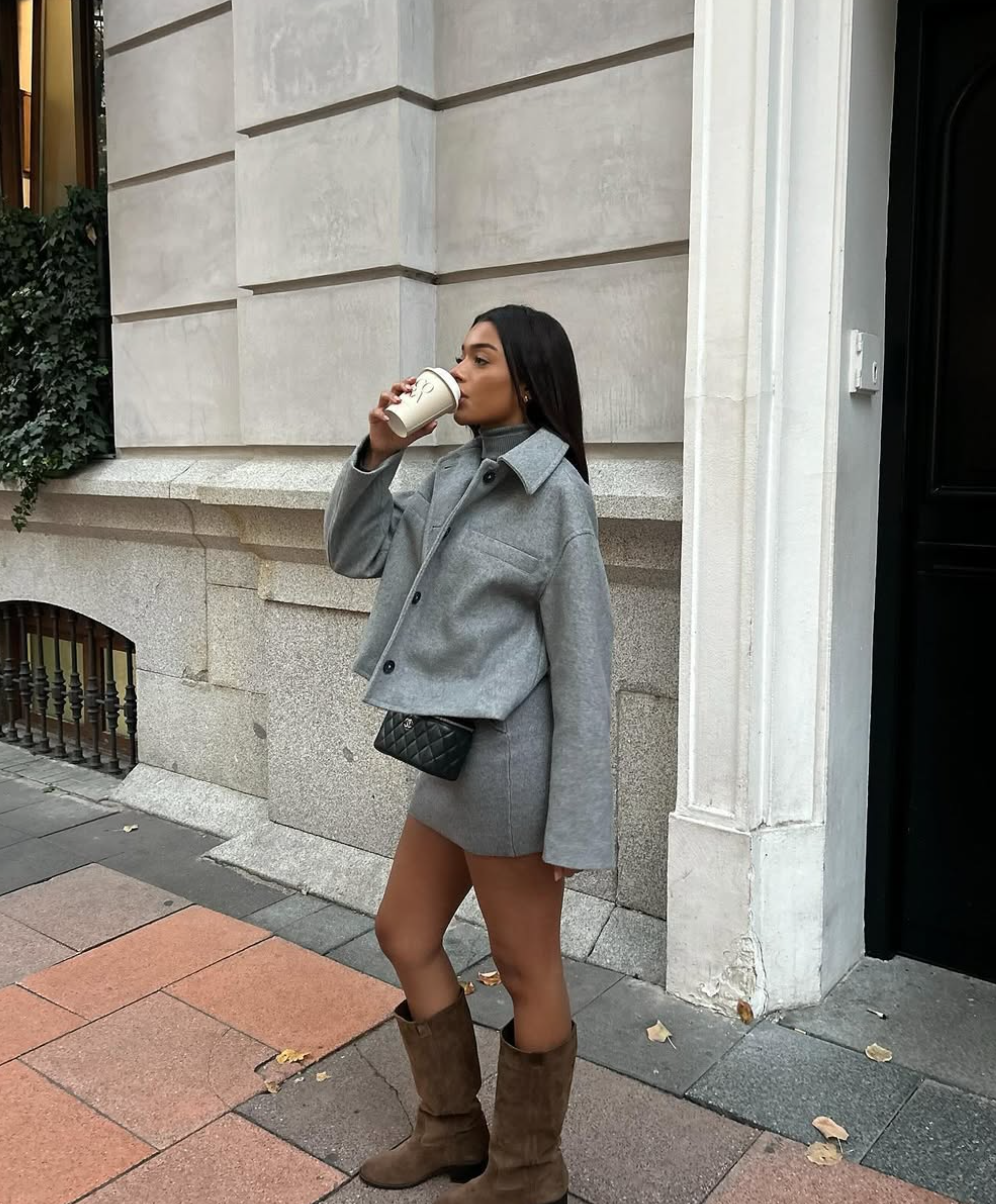 Grey Oversized Collar Jacket with Mini Skirt and Suede Boots — Dressy Winter Outfits 2027