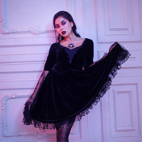 Black Velvet Dress with Intricate Lace Trim and Stockings Black Velvet Dress with Intricate Lace Trim and Stockings — Dark Romantic Outfits 2027