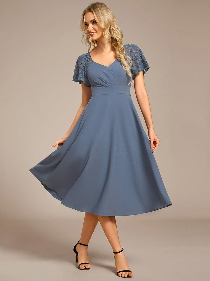Dusty Blue A-line Midi Dress with Lace Flutter Sleeves Dusty Blue A-line Midi Dress with Lace Flutter Sleeves — Summer Baby Shower Outfits 2027