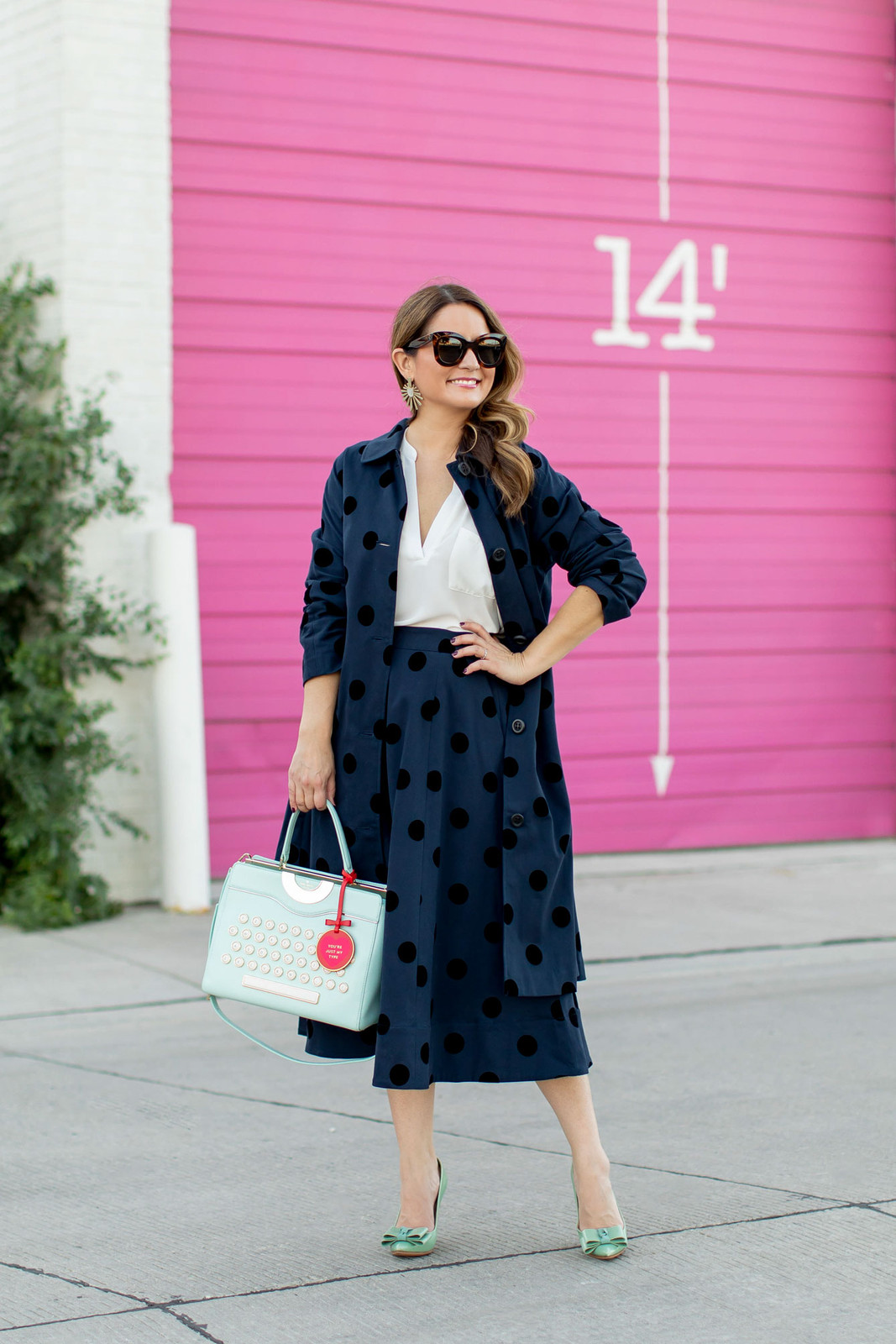 Polka Dot Midi Skirt with Matching Coat, White Blouse, and Green Heels Polka Dot Midi Skirt with Matching Coat, White Blouse, and Green Heels — Navy Blue Midi Skirt Outfits 2027