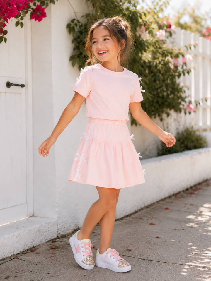 Pink Tiered Skirt Set with Bow Sleeve Details Pink Tiered Skirt Set with Bow Sleeve Details — Bows and Lace Outfits 2027