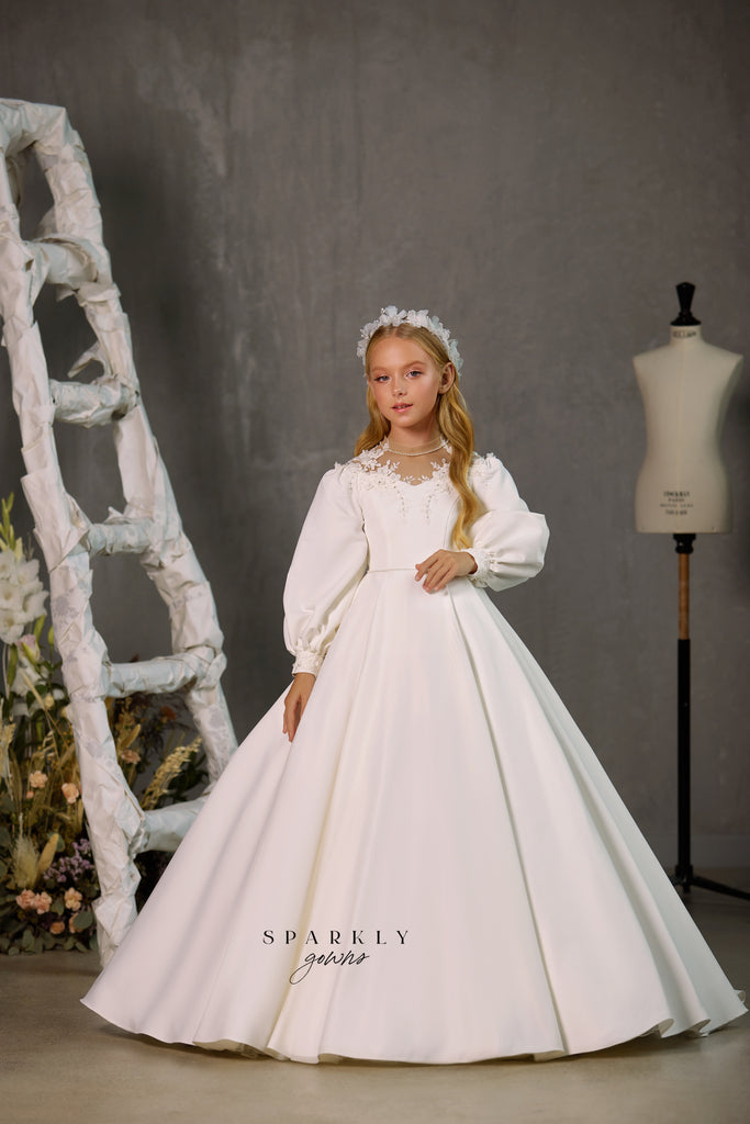 White Satin Ballgown with Long Puff Sleeves for Special Occasion White Satin Ballgown with Long Puff Sleeves for Special Occasion — Puff Sleeve Dresses 2027
