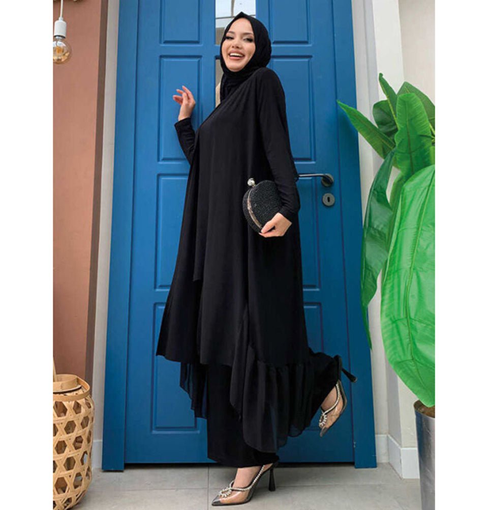 Ruffled Elegance: Black Tunic and Pants for Evening Events Ruffled Elegance: Black Tunic and Pants for Evening Events — Modest Outfits 2027
