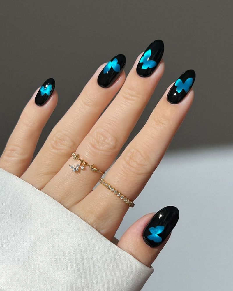 Glossy Black Iridescent Blue Butterflies Glossy Black Iridescent Blue Butterflies — Short Butterfly Round Nails 2027