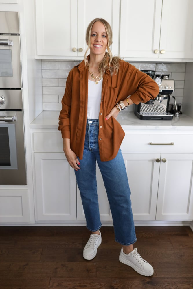 Classic Casual: White Tank with Rust Orange Shirt Jacket and Straight Leg Jeans — Tank Top Outfits 2027