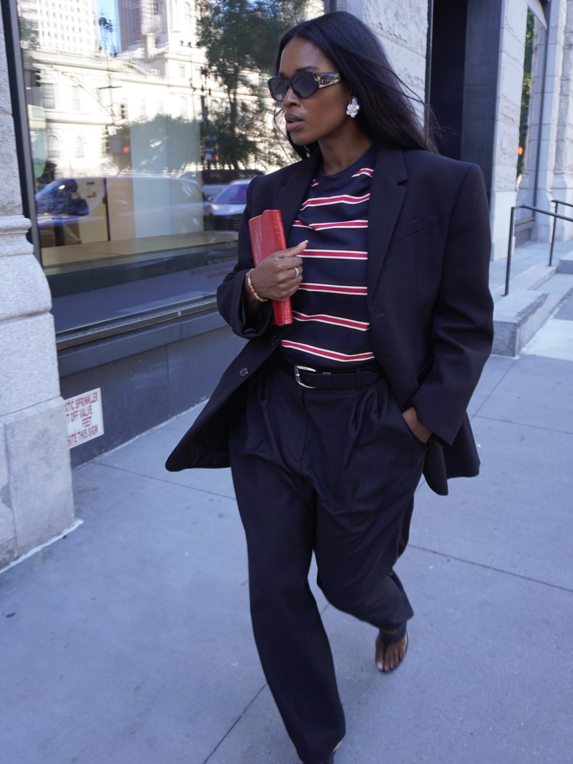 Navy Blazer Over Striped Tee with Black Wide-Leg Trousers — Oversized Shirt Outfits 2027