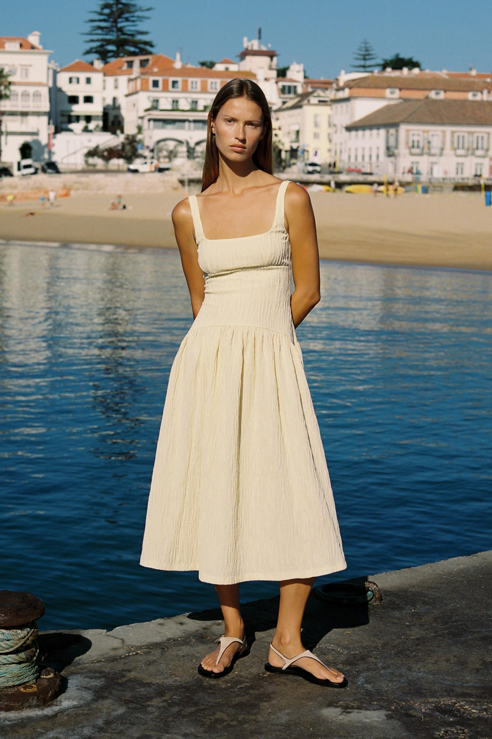 Pale Yellow Textured Cotton Midi Dress for Summer Days Pale Yellow Textured Cotton Midi Dress for Summer Days — Zara Outfits 2027