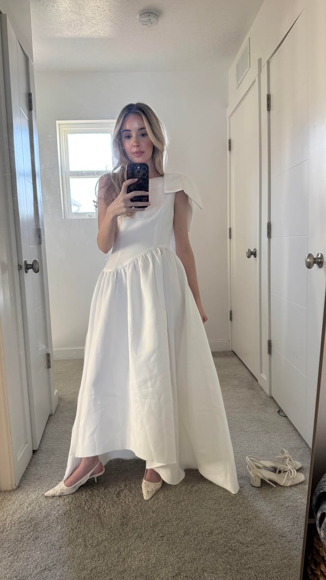 Striking White Dress with Oversized Shoulder Bow and Voluminous Skirt — Bridal Shower Dresses 2027