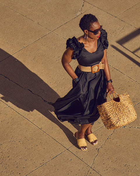 Black Flowy Midi Dress with Woven Belt Black Flowy Midi Dress with Woven Belt — Casual Dresses 2027