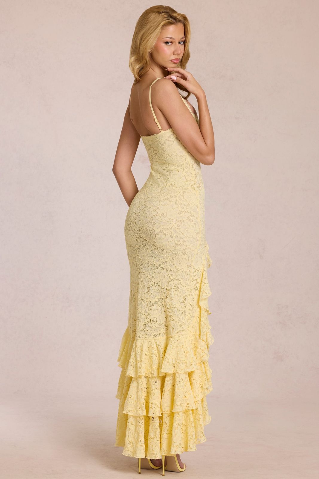 Pale Yellow Lace Tiered Maxi Dress Pale Yellow Lace Tiered Maxi Dress — Bridal Shower Dress 2027 for Guest