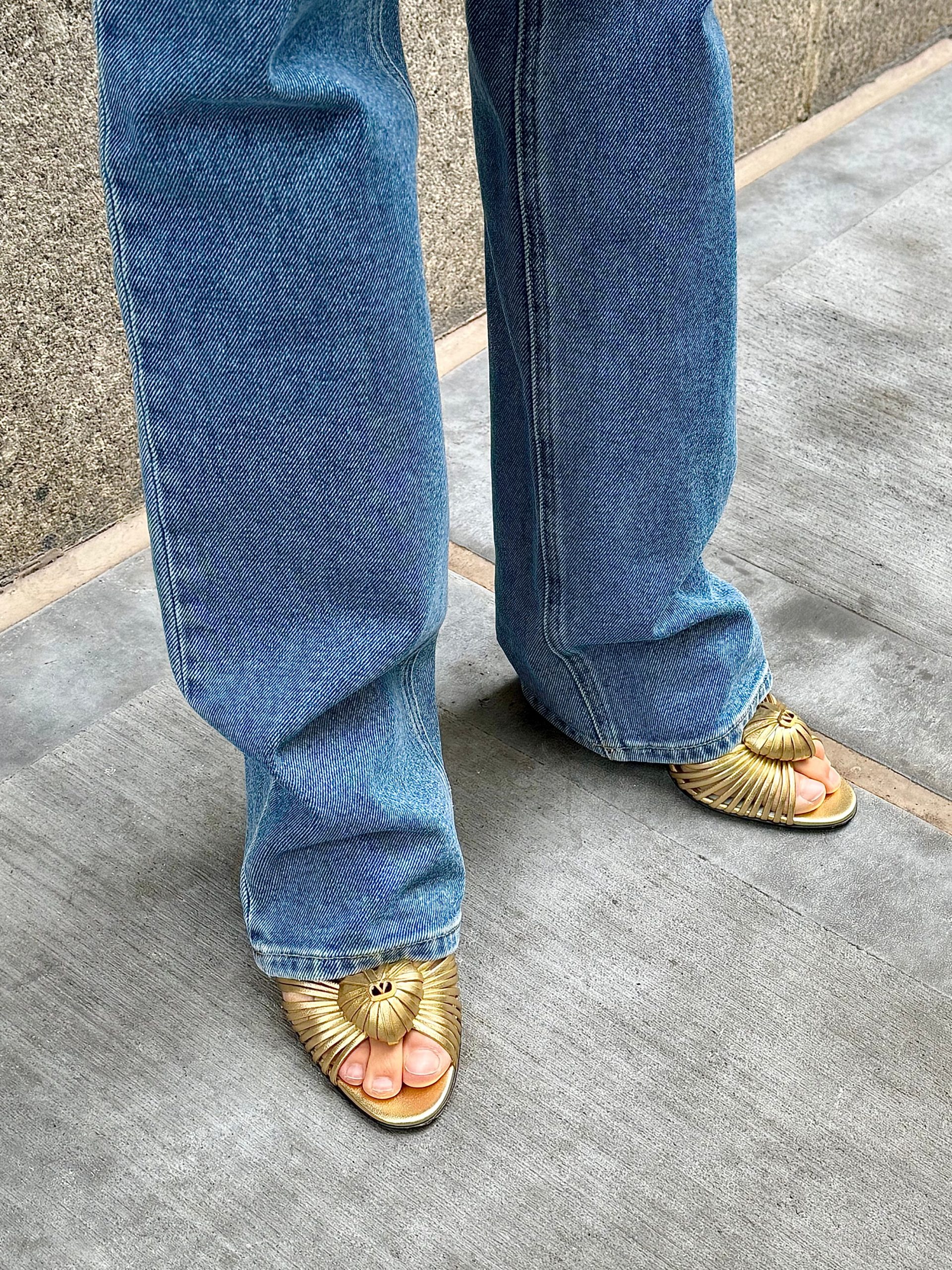 Denim and Dazzle: Bootcut Jeans with Gold Metallic Slide Sandals — Bootcut Jeans Outfits 2027 with Sandals