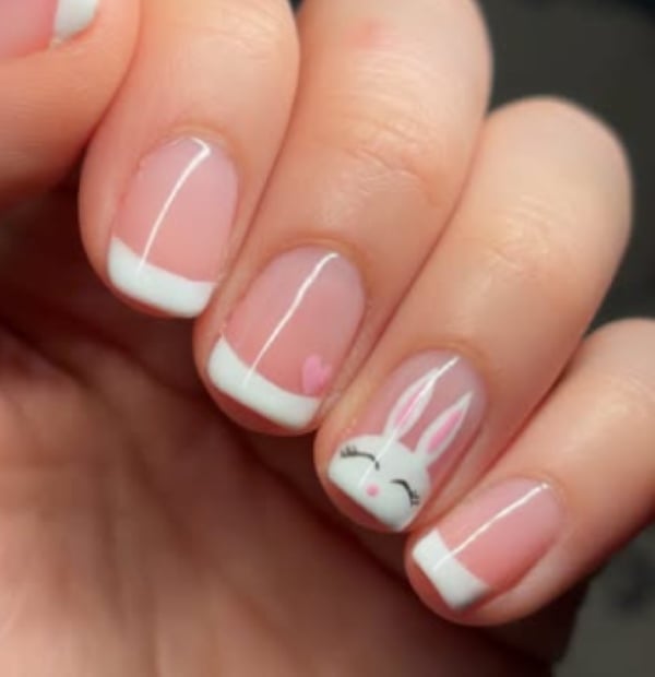 Bunny Face Short Square French Tips — While Another Has A Small Pink Heart Bunny Face Short Square French Tips — While Another Has A Small Pink Heart — Easter French Tip Nails 2027