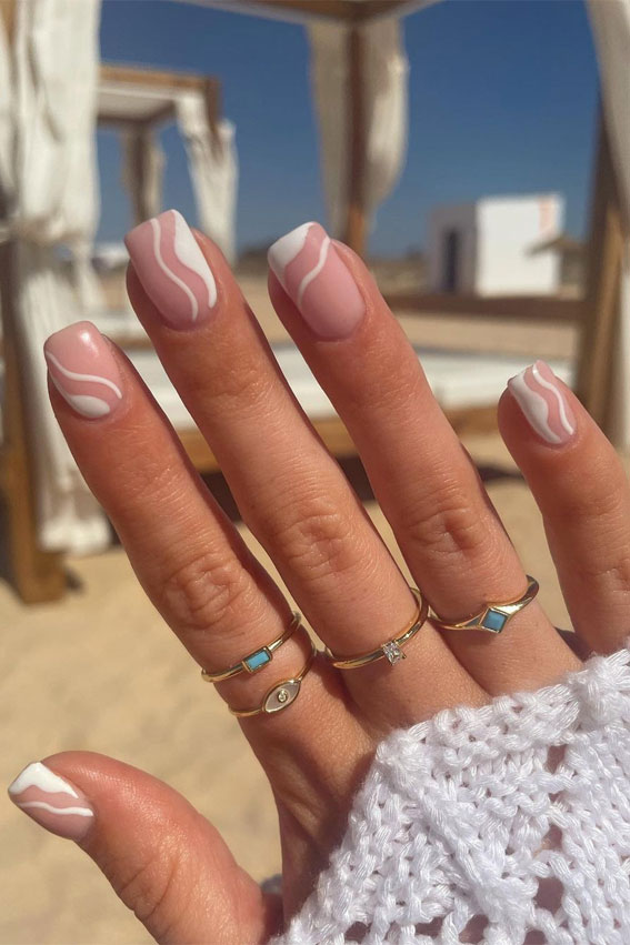 Wavy Lines Pink Nude Square Nails — Nude Summer Nails 2027