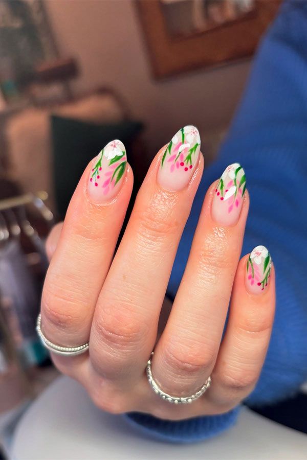 Nude Base Artistic Blue Floral Ovals Nude Base Artistic Blue Floral Ovals — Long Floral Nails 2027