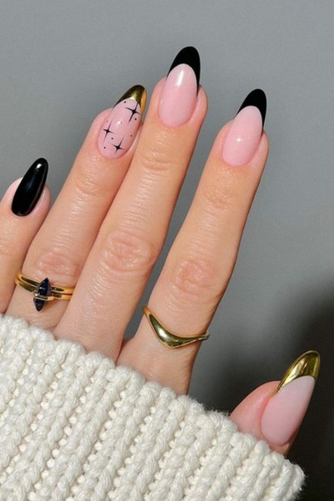 Black French Tips with Gold Accent Almonds Black French Tips with Gold Accent Almonds — Winter Vacation Nails 2027