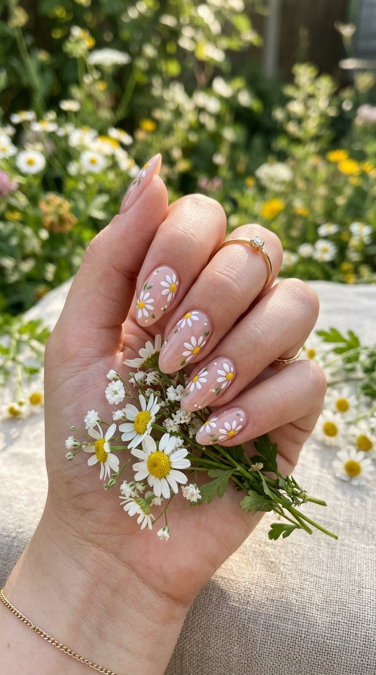 Glossy Nude Base Scattered Daisies Glossy Nude Base Scattered Daisies — Daisy Flower Nails 2027