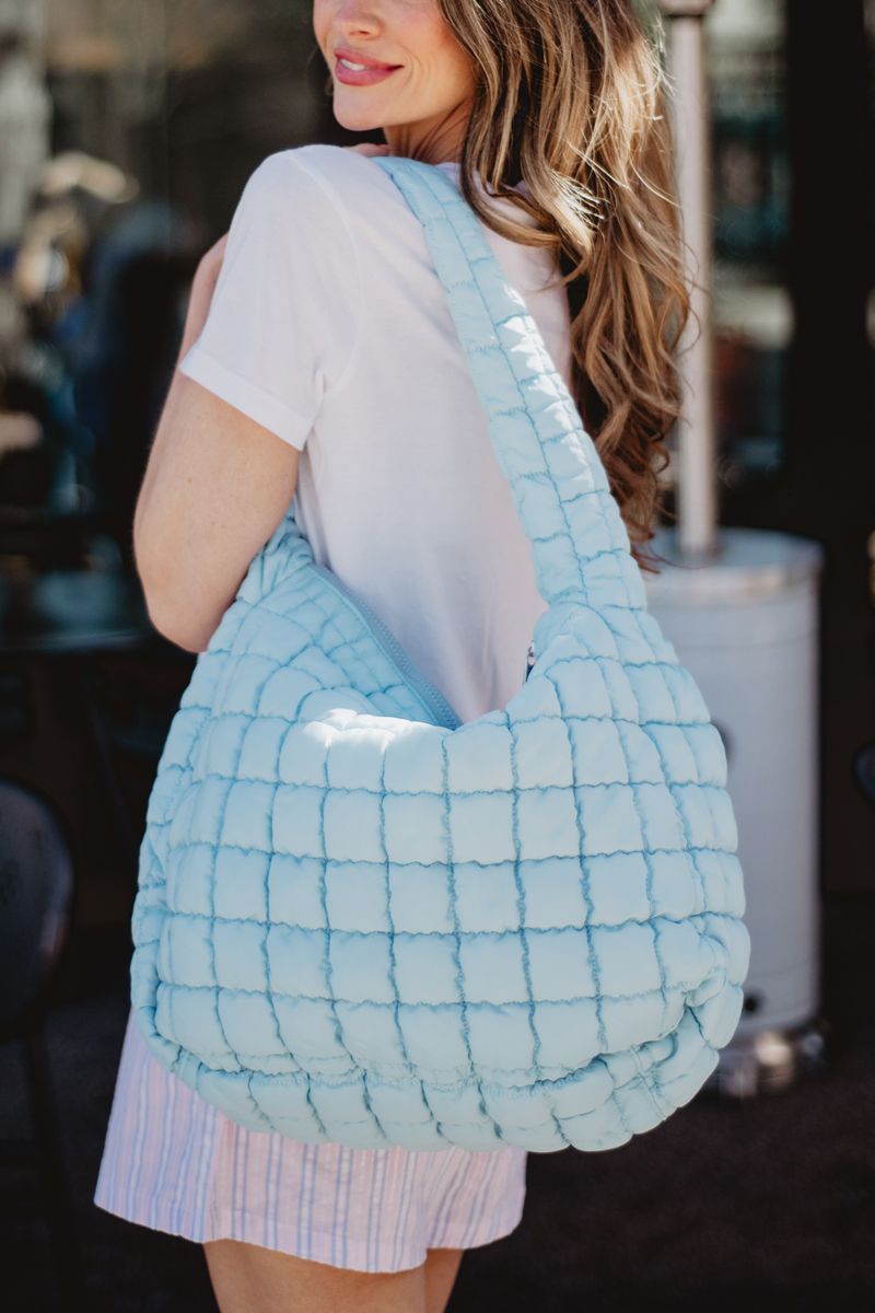 Oversized Light Blue Puffer Tote for Casual Days — Puffer Bag Outfits 2027