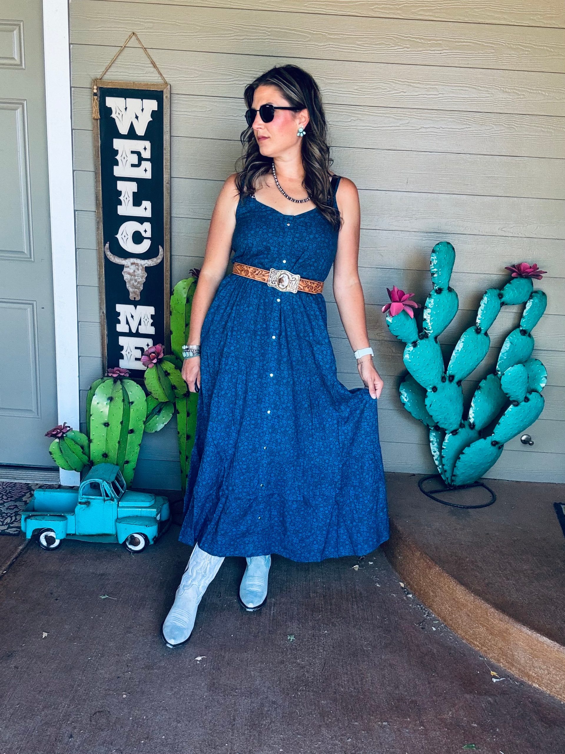 Blue Floral Fit-and-Flare Dress with Embossed Belt Blue Floral Fit-and-Flare Dress with Embossed Belt — Cowgirl Dress 2027