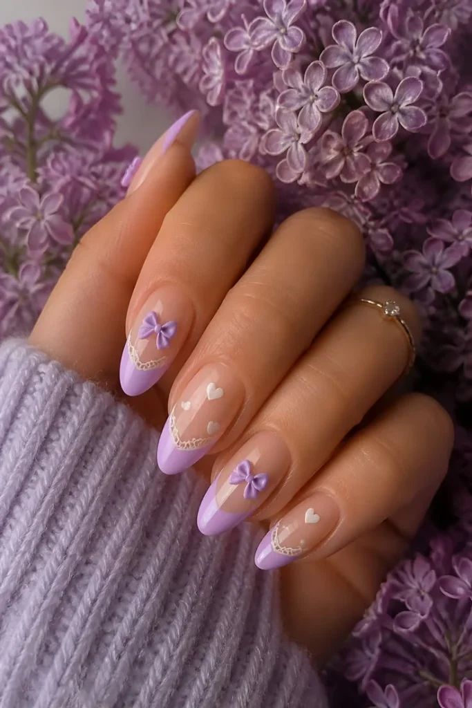 Lavender French Tips with White Lace Bows — Pastel Oval Nails 2027