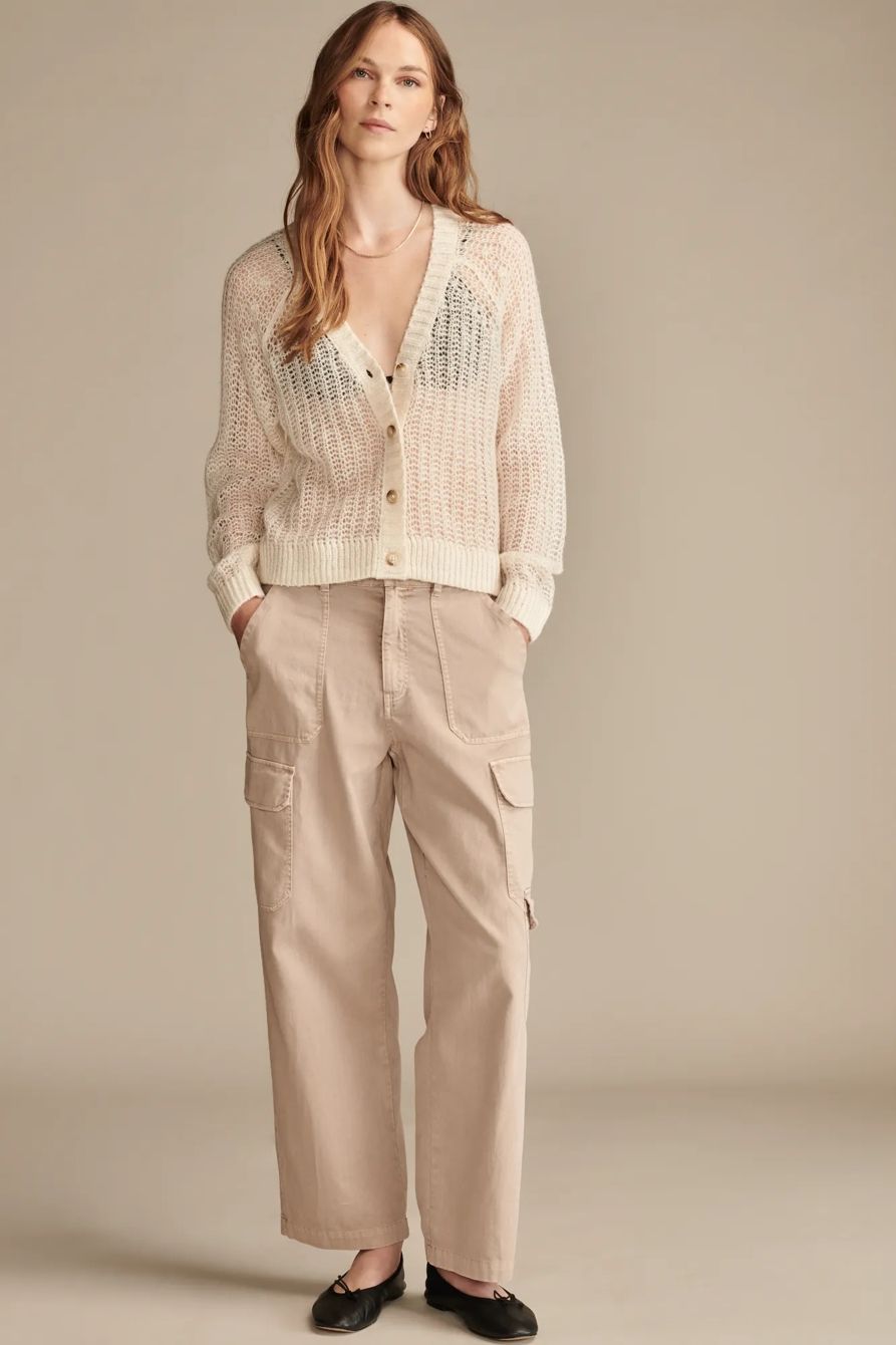 Chic Casual: Beige Cargos with Sheer Cardigan and Ballet Flats Chic Casual: Beige Cargos with Sheer Cardigan and Ballet Flats — Khaki Cargo Pants Outfits 2027