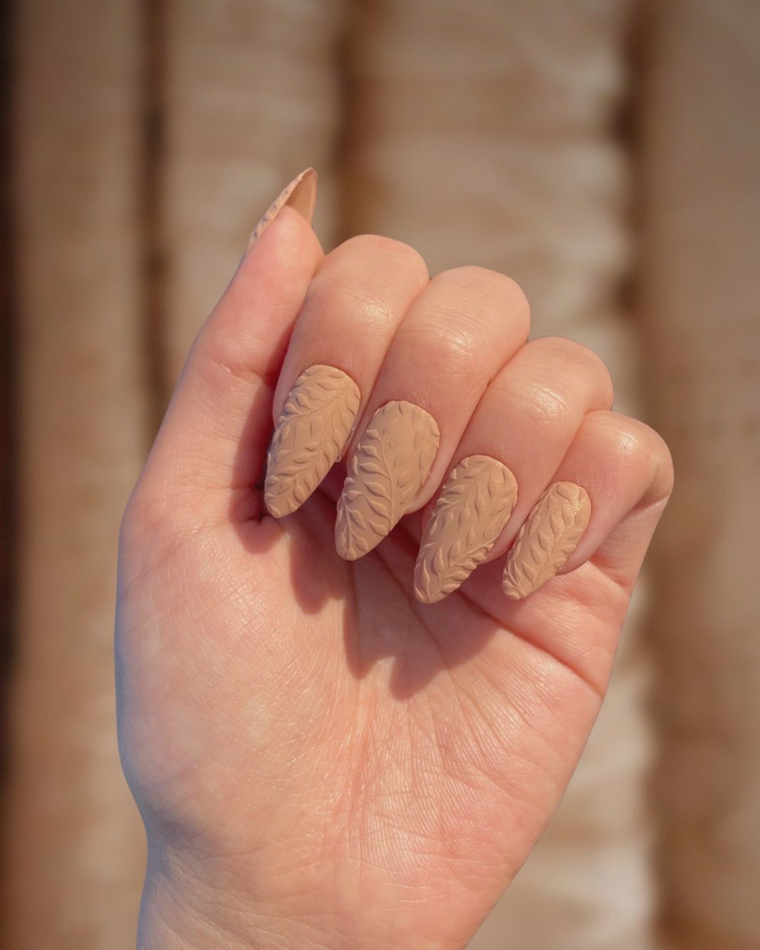 Beige Realistic Cable Knit Almond Nails Beige Realistic Cable Knit Almond Nails — Sweater Weather Nails 2027