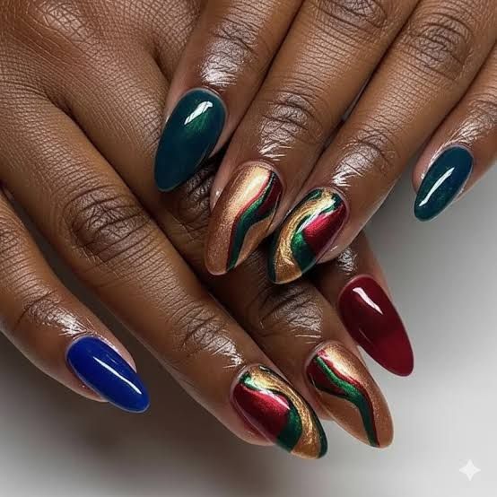 Mixed Winter Colors and Swirls Medium Almond Nails Mixed Winter Colors and Swirls Medium Almond Nails — Winter Nail Colors 2027 for Dark Skin