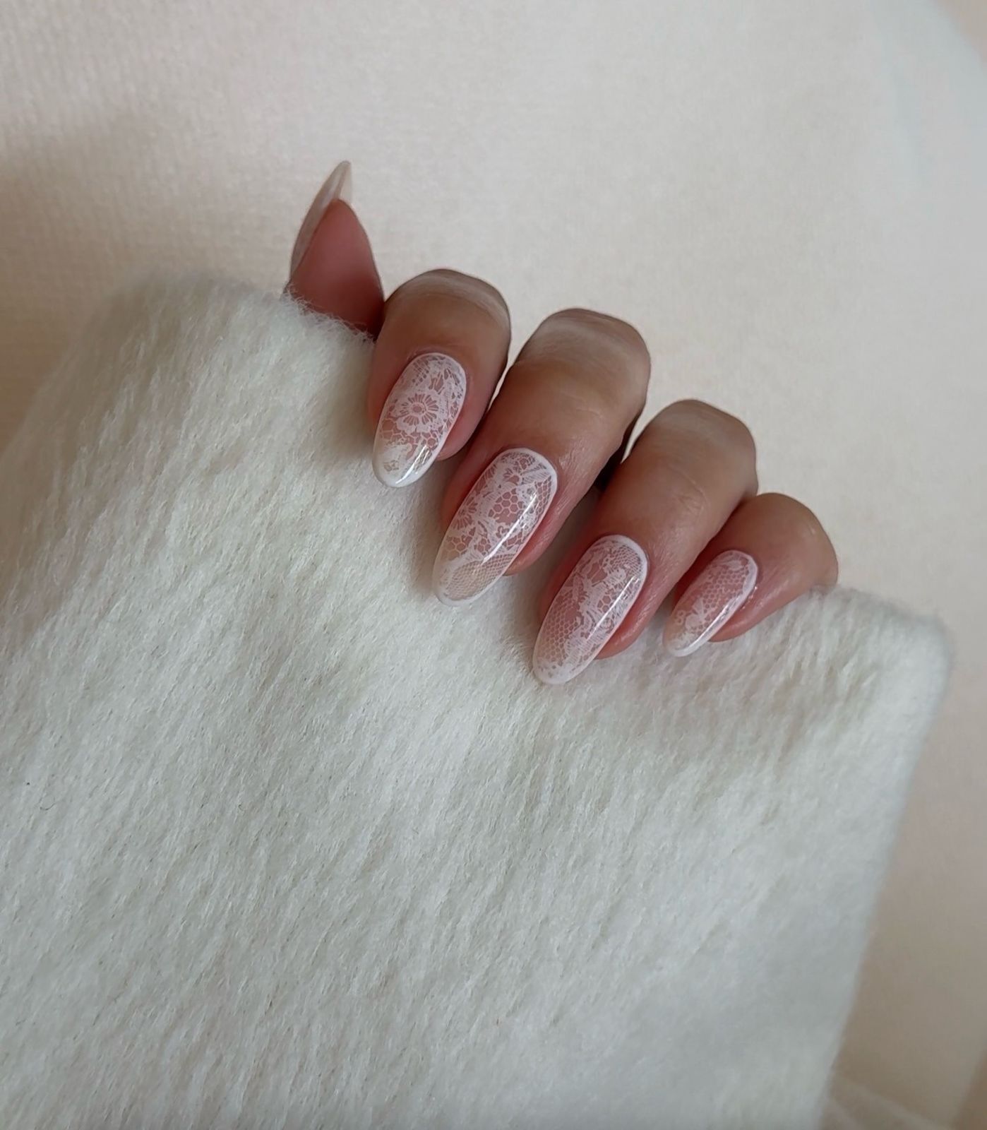 Intricate White Lace Pattern Visual Idea — Birthday Nails Almond 2027