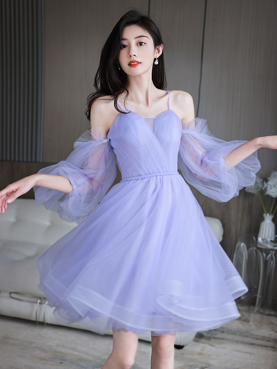 Light Purple Short Prom Dress with Detachable Off-the-Shoulder Sleeves Light Purple Short Prom Dress with Detachable Off-the-Shoulder Sleeves — Purple Prom Dresses 2027