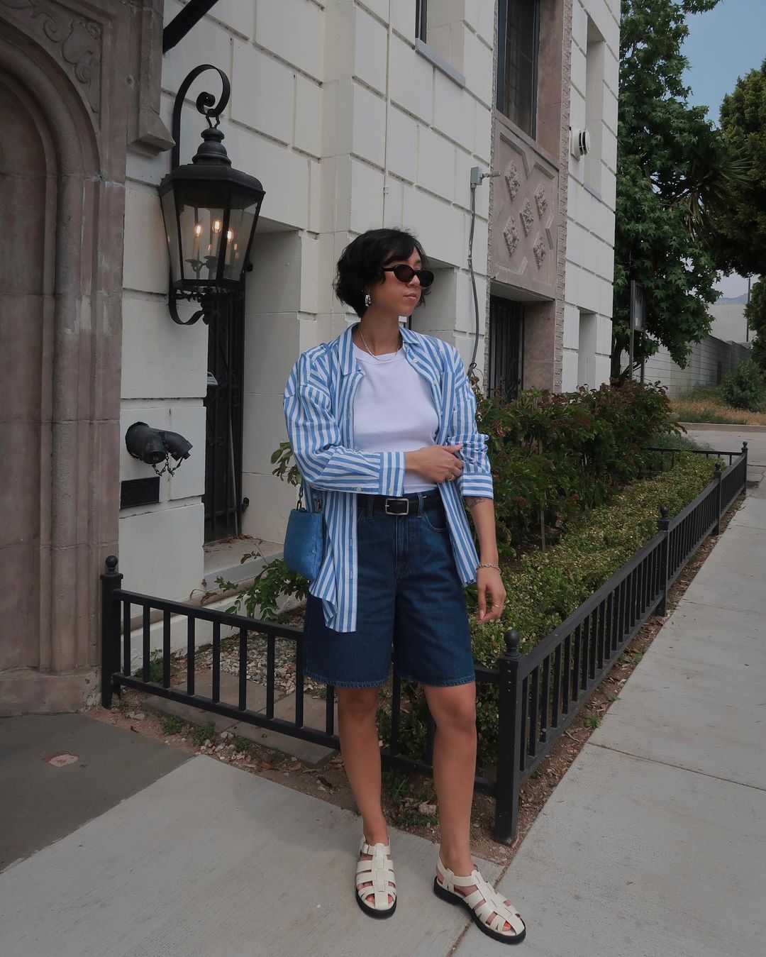 Dark Wash Jorts with Striped Shirt Jacket Dark Wash Jorts with Striped Shirt Jacket — Jorts Outfits 2027