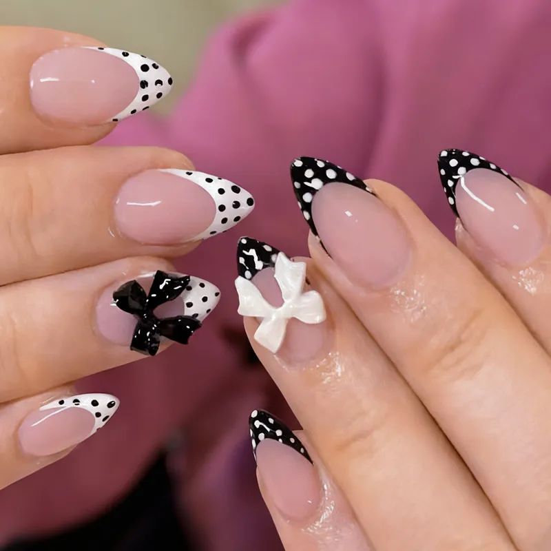 3D Bows And Polka Dots On French Tips Medium Almond Polka Dots And 3D Bows 3D Bows And Polka Dots On French Tips Medium Almond Polka Dots And 3D Bows — Bow French Tip Nails 2027