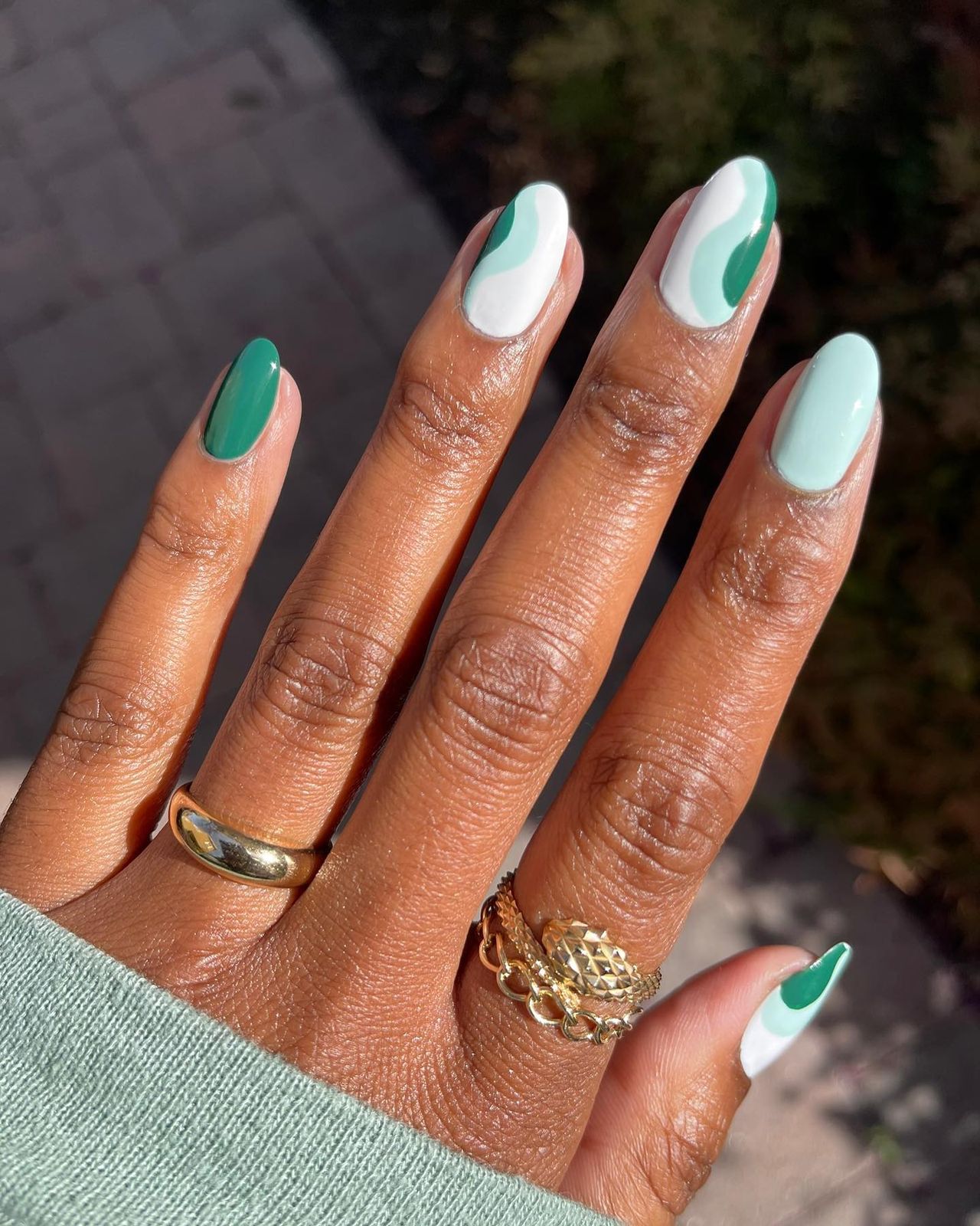 Emerald Green and Mint Wavy Block Nails — Pastel Nails 2027 for Brown Skin