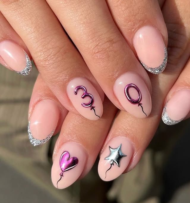 Sheer Pink Short Oval with Glitter French & Balloon Charms — 30th Birthday Nails 2027
