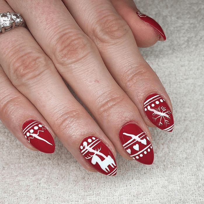 Vibrant Red White Visual Idea — Christmas Sweater Nails 2026