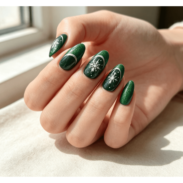 Medium Almond Glitter Snowflake Nails Medium Almond Glitter Snowflake Nails — Matte Christmas Nails 2026