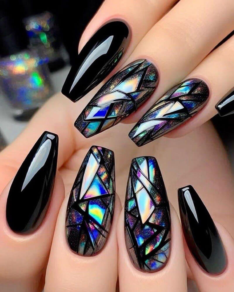 Black with Holographic Foil Geometric Design — Long Coffin Nails 2027
