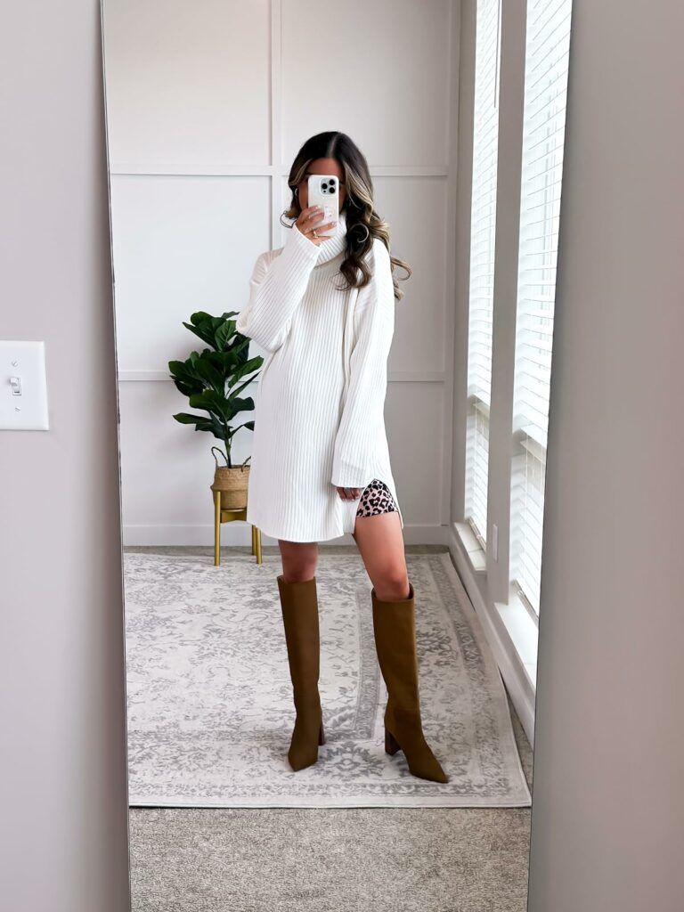 White Knit Sweater Dress with Leopard Skirt White Knit Sweater Dress with Leopard Skirt — Cozy Winter Outfits 2027